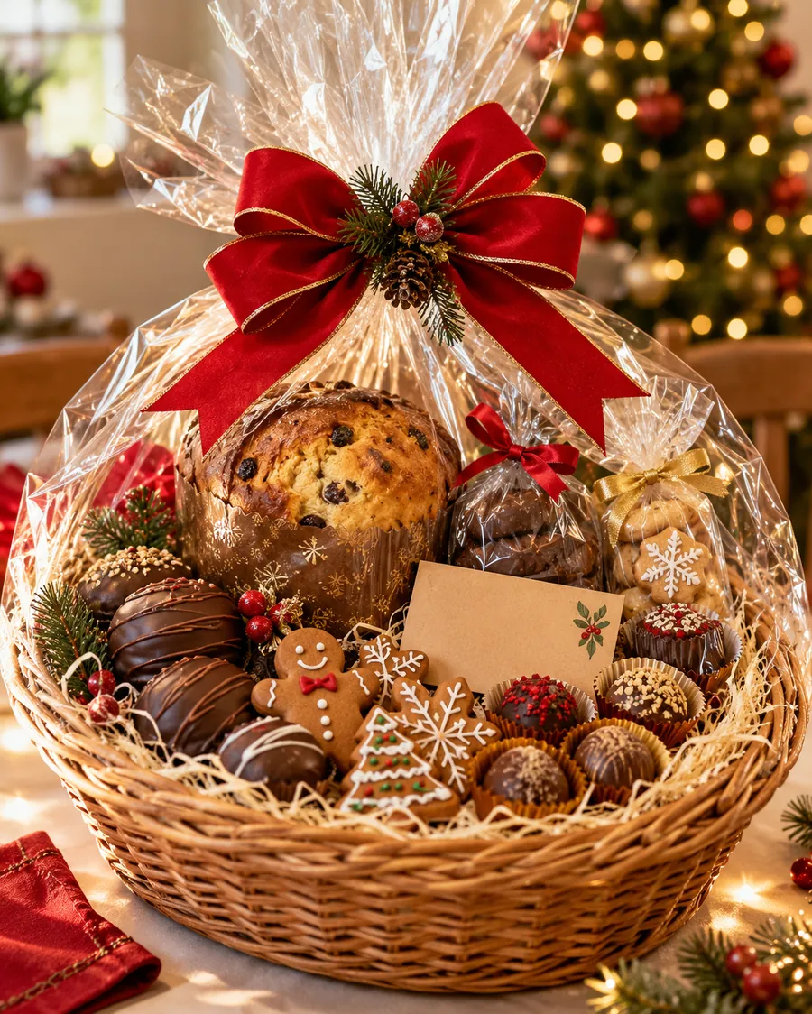 Cesta de Natal de vime com panetone, pães de mel, trufas e biscoitos