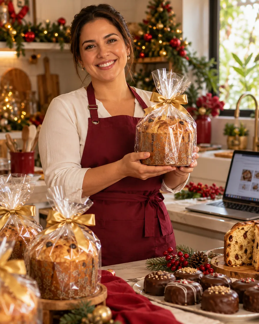 Confeiteira sorrindo com um panetone embalado para presente